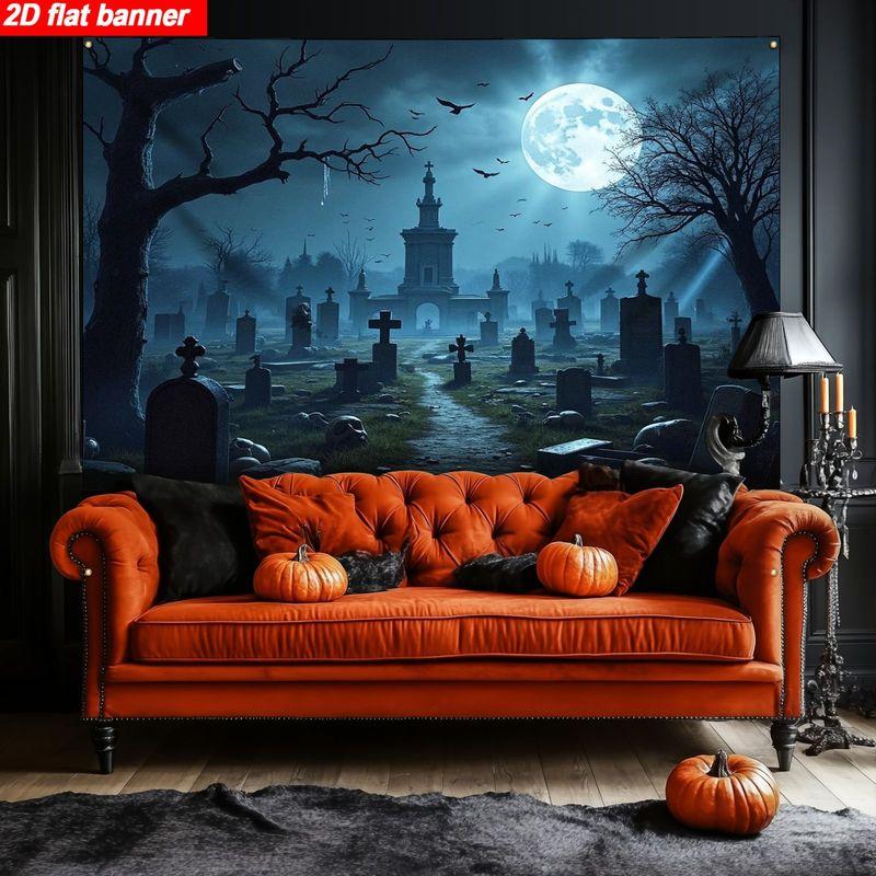 1 piece 2D flat Halloween cemetery banner, haunted gothic-themed background costume suitable for outdoor parties