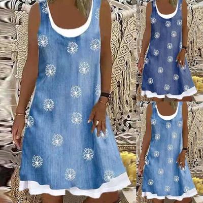 Women Sleeveless Casual Dress with Printed Detachable Collar Comfortable Loose Fit Summer Sundress Layered Hem Design