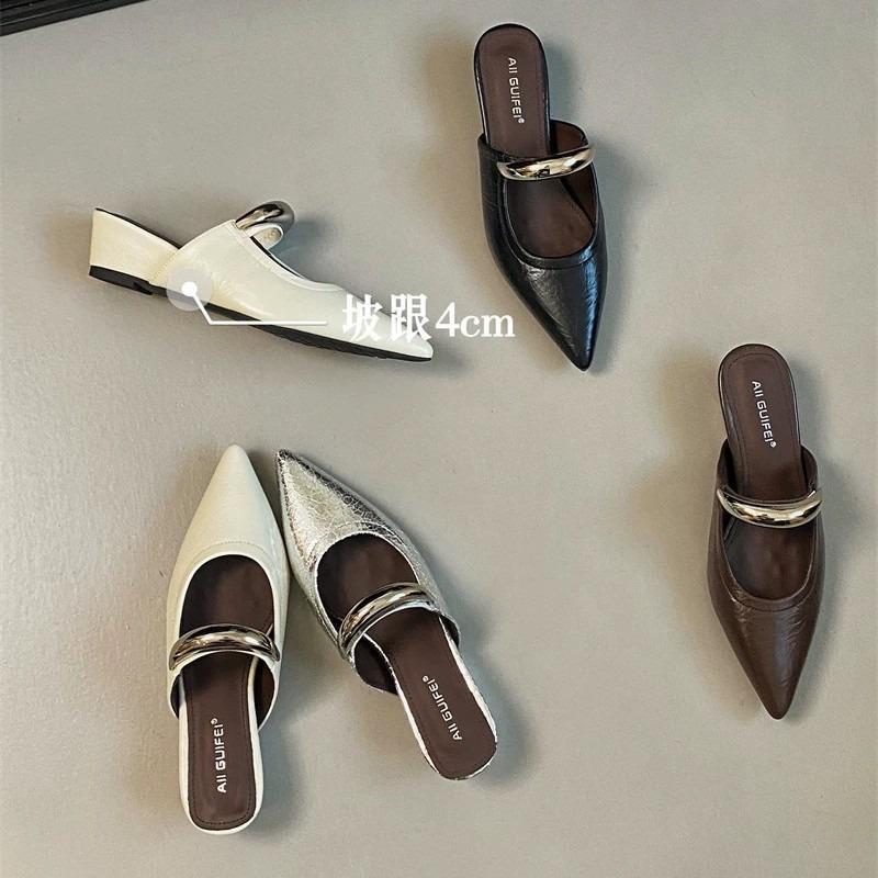 Summer new silver outer wear bag head half slippers light mouth pointed head wedge heel middle heel fitting room shoes new products