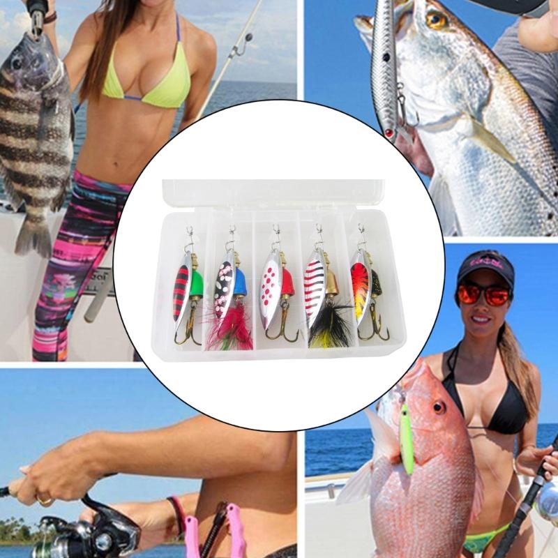 5Pcs Steel Treble Hook Spinner Baits Sequins Lures Set Spoon Fishing Spinner Swimbaits Set for Saltwater and Saltwater