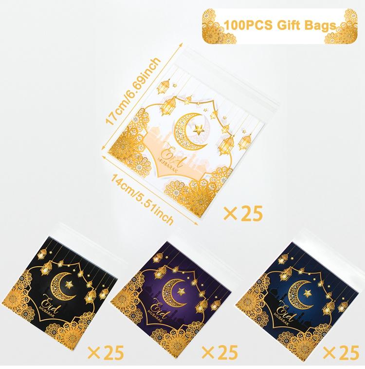 

100 шт., подарочный пакет для конфет Eid Mubarak 2024, пластиковый самоклеящийся подарочный пакет для Рамадана, исламская мусульманская вечеринка Eid Al Adha, подарки as shown
