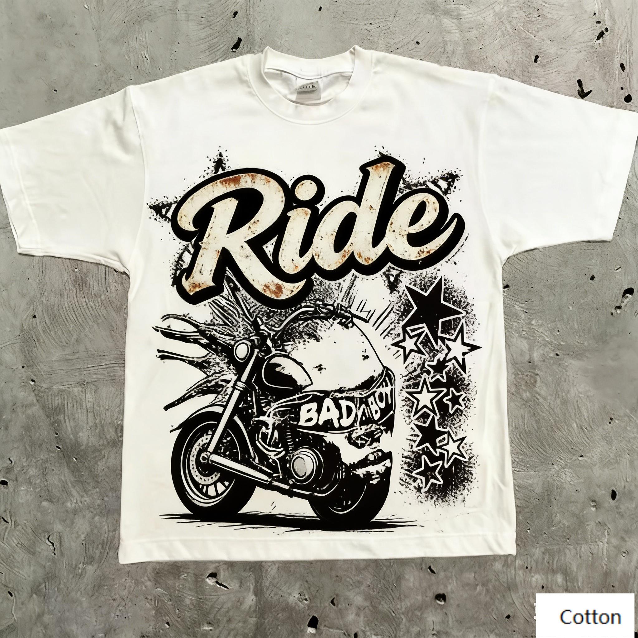 Motorcycle Street Style Unisex Cotton TShirt with Ride Print Breathable Heavyweight Fabric Regular Fit for Motorcycle Culture S
