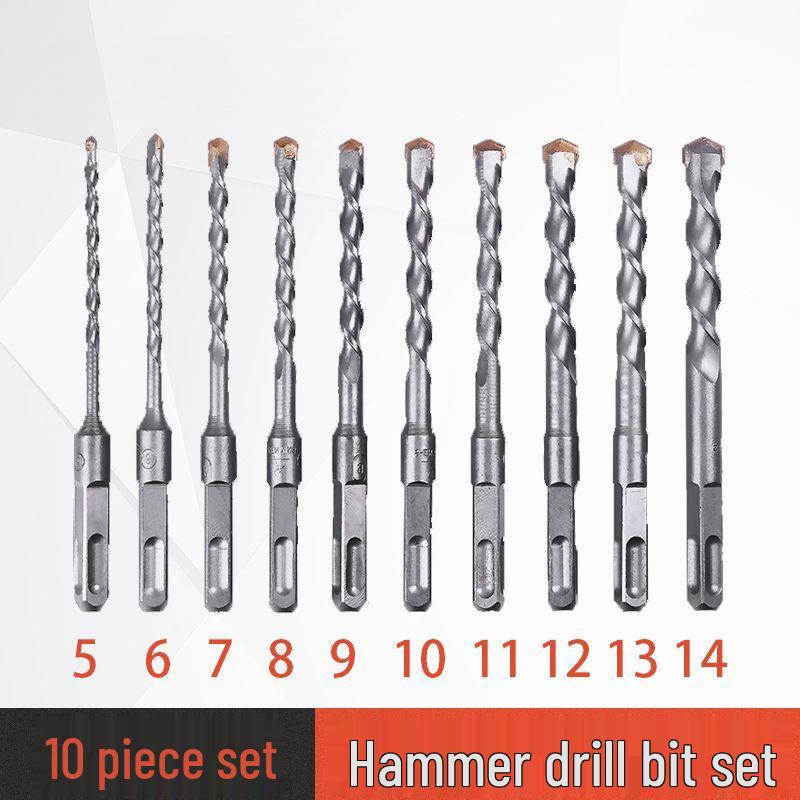 10-Piece Electric Hammer Drill Bit Set, Square & Round Shank (Sizes 4-14)