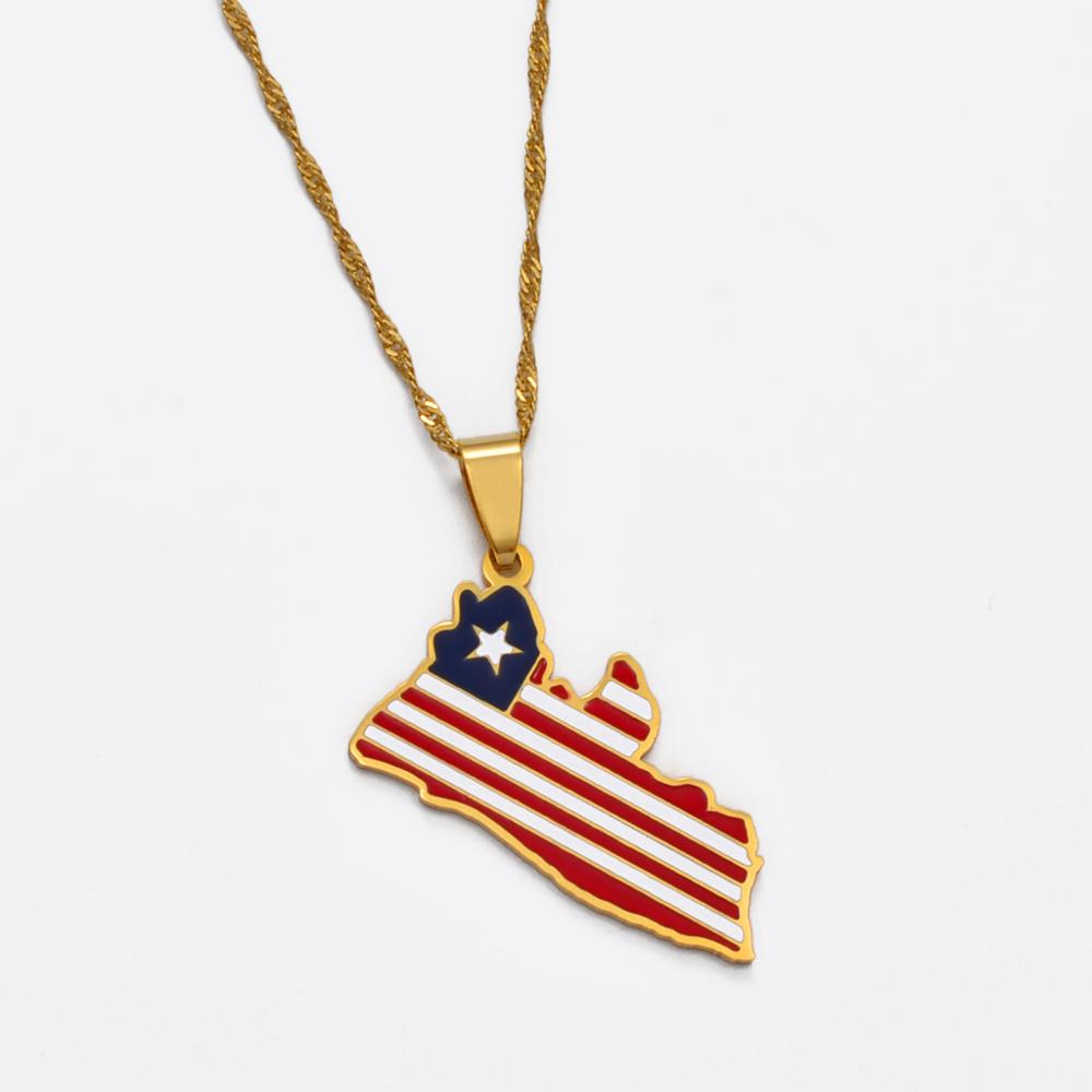 Anniyo Liberia Country Map Flag Pendant Necklaces Silver Color/Gold Color Charm Liberian Maps Jewelry #169021 45cm OR 17.7 Inches