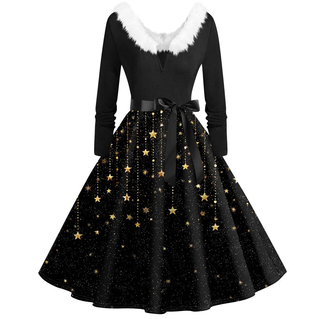 Women's Fashion V-Neck Casual Slim Christmas Printed Long Sleeve Hair Collar Dresses