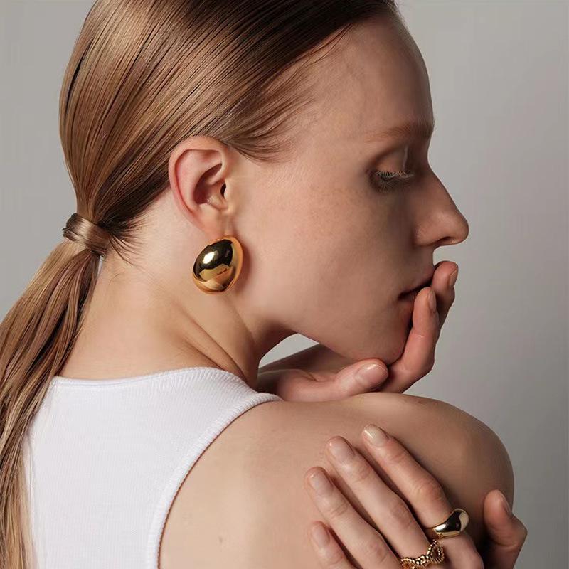 Stainless Steel Smooth Big Oval Stud Earrings for Women Exaggerated Hollow Ball Geometric Ear Buckle Earring Jewelry Gift