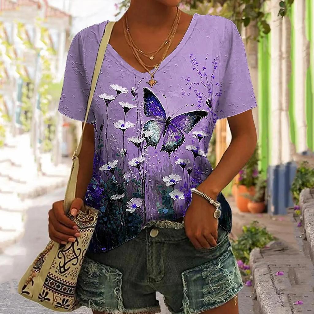 Tshirt Womens Butterfly Fashion 3d Print Tee Shirt For Women Short Sleeve Beauty Vneck Tops Ladies Summer Oversized Clothing
