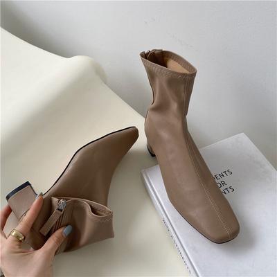 Short Boots Women's Elastic Square Head Middle Heel Bare Boots Soft Leather Women's Boots Martin Boots Thick Documentary