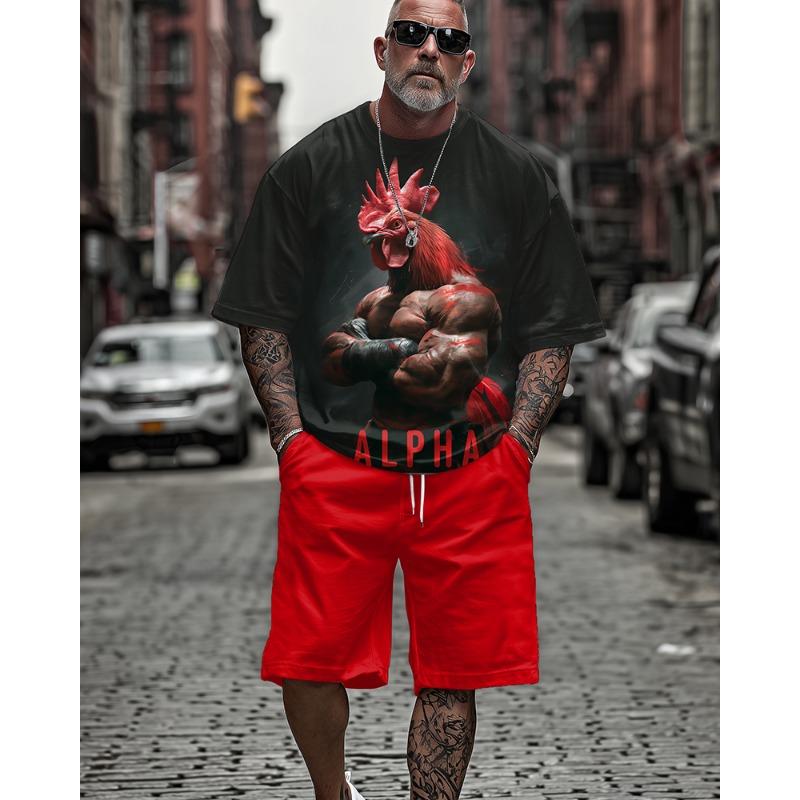 

S-9XL Plus Size Men s Streetwear 2 Piece Outfit, Level Up Rooster Alpha Graphic Print Short Sleeve T-Shirt and Shorts Set 2XL