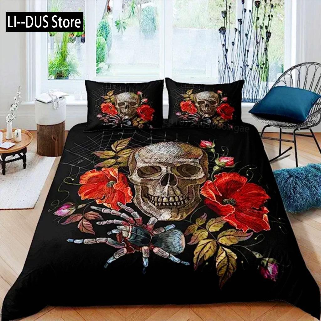 Sugar Skull Duvet Cover Teen Girl Bedding Set Sugar Skull Decor Bedding Skull Skeleton Roses Floral Print Duvet Cover Decorative