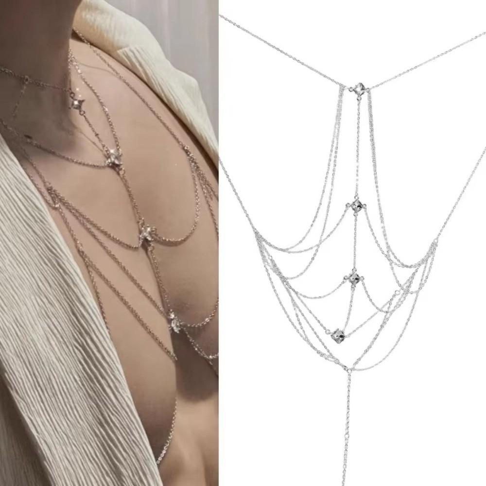 Sexy Rhinestone Bust Chain Multilayer Bikini Chest Chain Body Jewelry Silver Body Chain  Party