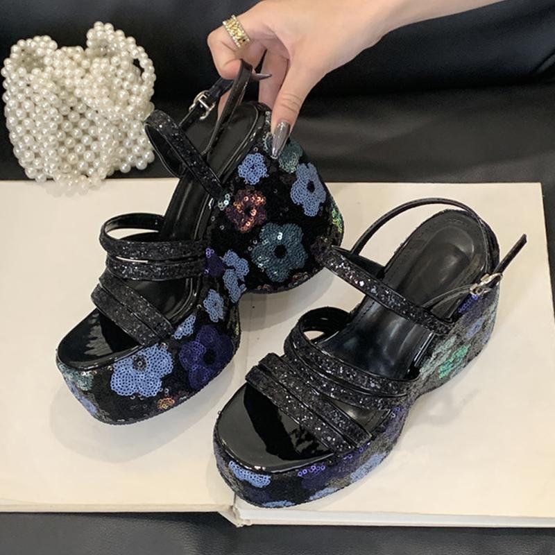 Fashion Liyke Sexy 13CM Wedges Sandals Women Gold Sequined Flowers Thick Bottom Open Toe Party Dress Shoes Platform High Heels Sandalias