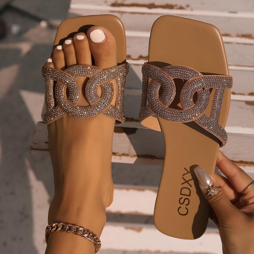 Rhinestone flat-bottomed slippers women's square head one pedal home slippers foreign trade large size FlatSlippers