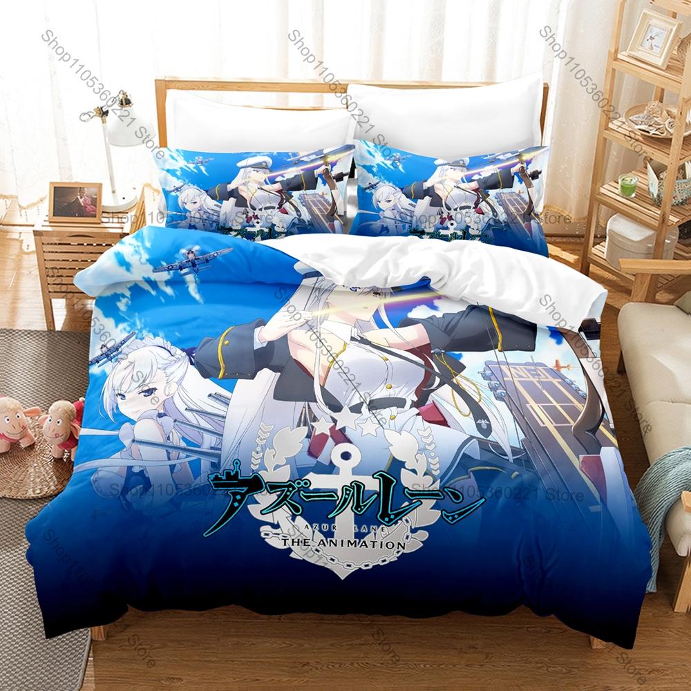 Cool Naval Anime Azur Lane All Ship Girls Character Print Duvet Cover + 2 Pillowcases Soft Microfiber Gamer Room Bedding Home Te
