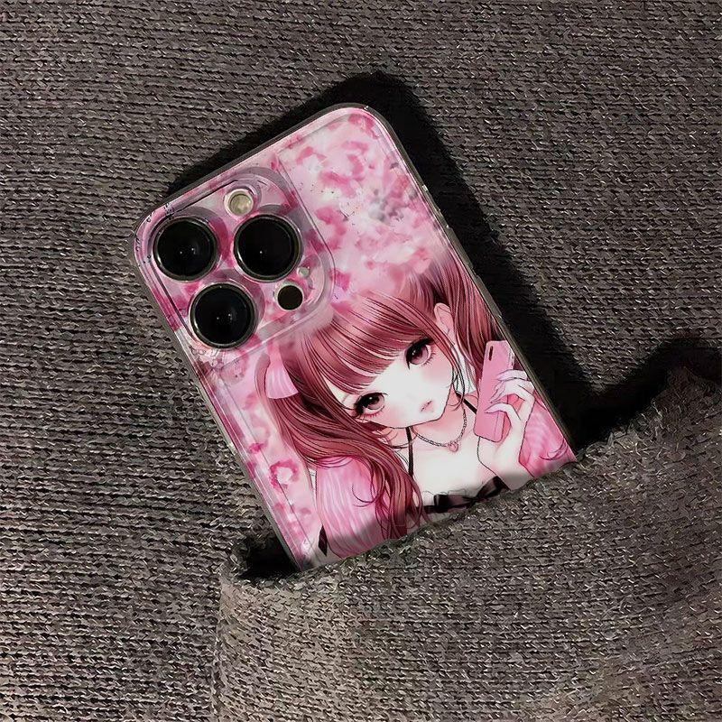 Soft Pink Anime Girl Illustration Phone Case for iPhone 17 16 15 14 13 12 11 16E Series Pro Max Plus Double Layer Protection