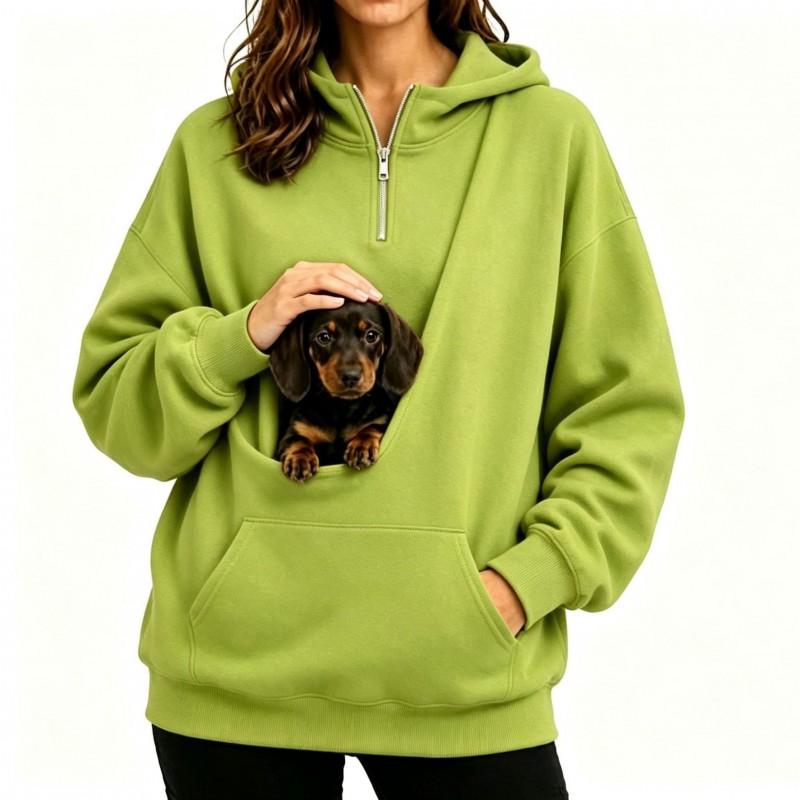 Womens Half-Zip Hooded Sweatshirt With Pet Pocket Loose Fit Fall Winter Top Small Dogs