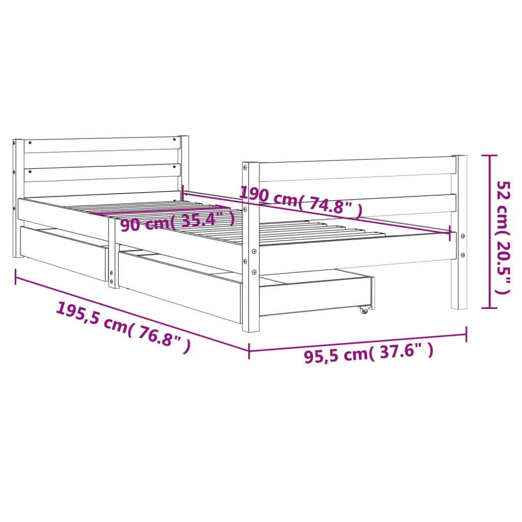 Kids Bed with Drawers 90 X 190 Cm Solid Pine Wood