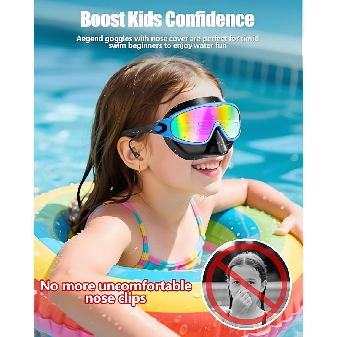 Kids Silicone Nose Cover Swim Goggles Wide View Anti-Fog UV400 Diving Glasses No Leak Pool Swimming Eyewear for Toddlers 3-122