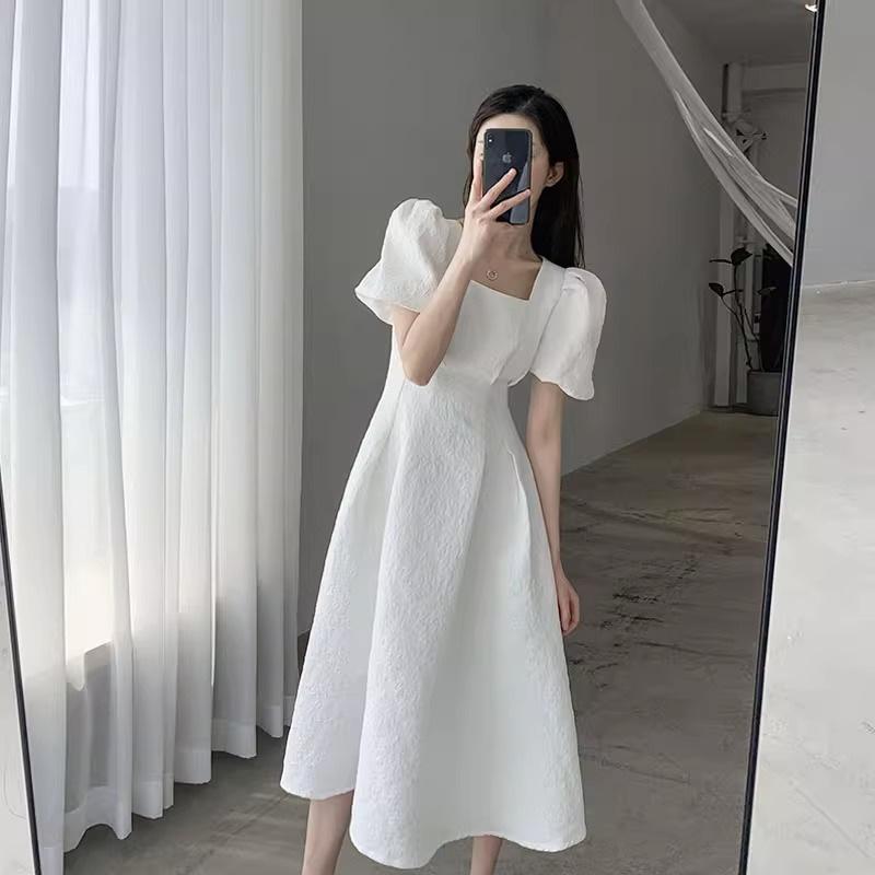 French First Love White Pendulum Long Skirt Summer New Square Collar Thin Temperament Jacquard Collar Certificate Dress Women