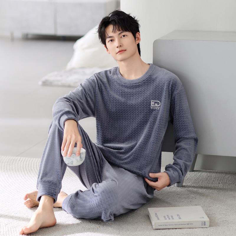 

Пижама мужская осенне-зимняя теплая из островного флиса с длинным рукавом, пуловер с круглым вырезом, коралловый флис, домашняя одежда, тонкий флис, большой размер, комплект L