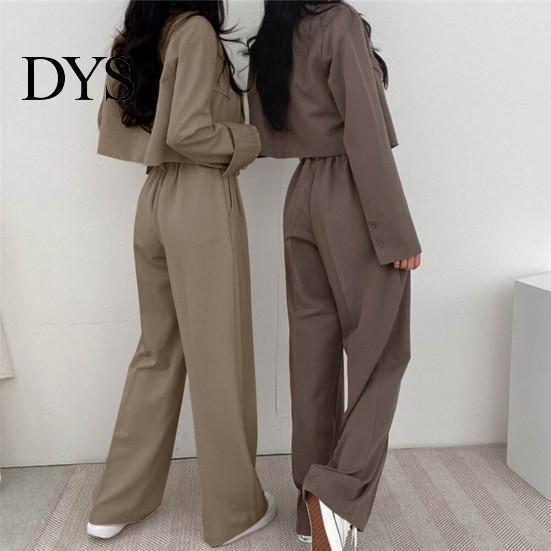 Lady Wide Leg Trousers 2 Pcs/Set Women Coat Pants Set Lapel Single-breasted Cardigan Long Sleeve Jacket High Waist Straight Formal Commute Outfit
