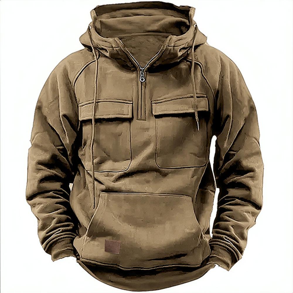 Half Zipper Men's Hoodies Solid Warm Fleece Military Sweatshirts Multi Pockets Male Hooded Jackets