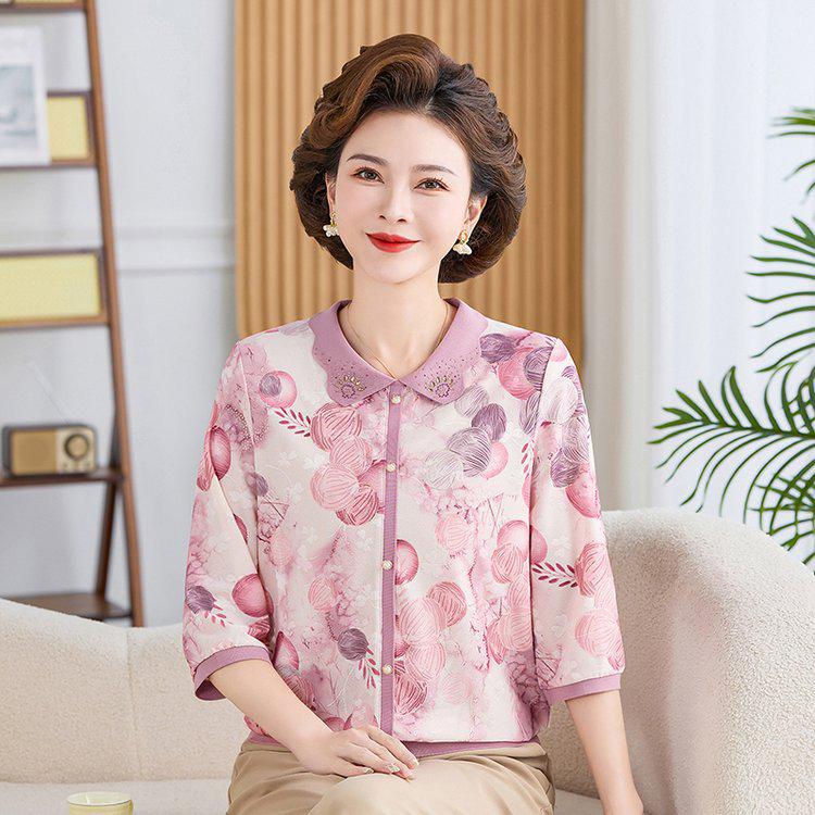 Comfortable Summer Printed Seven-Sleeve T-shirt for Middle-Aged & Elderly Women, Loose Plus Size