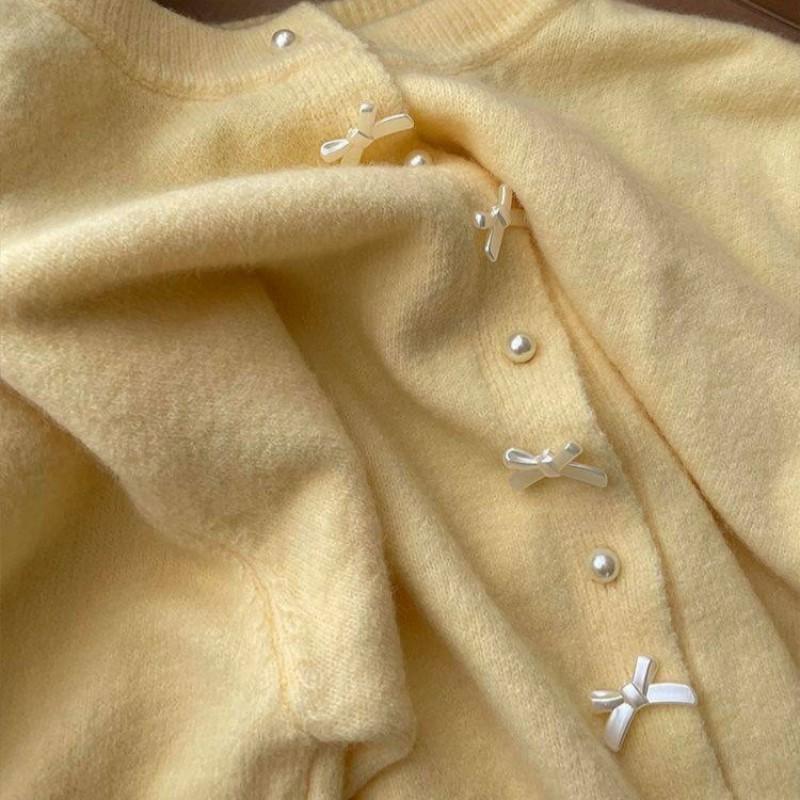 Womens Long Sleeve Knit Cardigan Sweater With Bow Detail Soft Cozy Casual Open Front Top In Solid Color