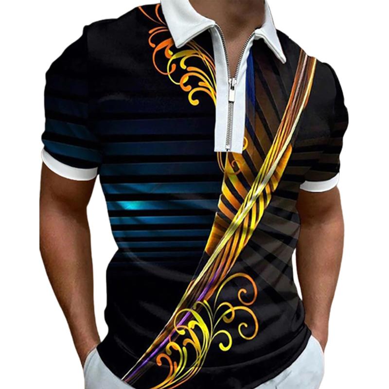 Neformální tričko s klopou Móda pro mladé pánské tričko Tričko s krátkým rukávem Tričko s krátkým rukávem Pánské tričko se zlatým potiskem 3D květin