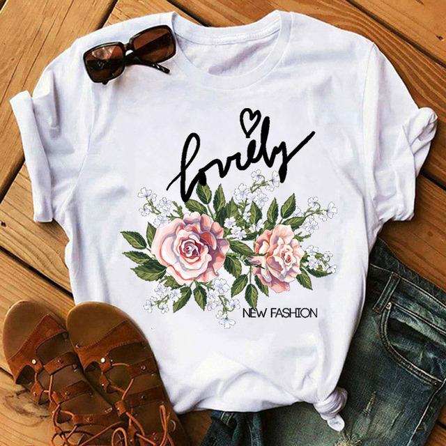 Fashion Women T Shirt Flower Printed T Shirt Casual Black Tops 90s Ladies Girl Tee Shirt Female Harajuku Graphic T -Shirt
