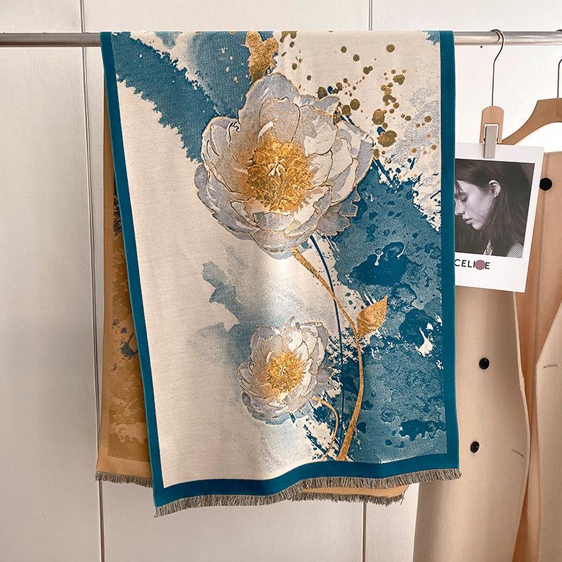 Luxury Winter Flower Cashmere Scarves High Quality Women Thicken Wrap Shawl Ladies Warm Wool Pashmina Peacock Besign Scarf