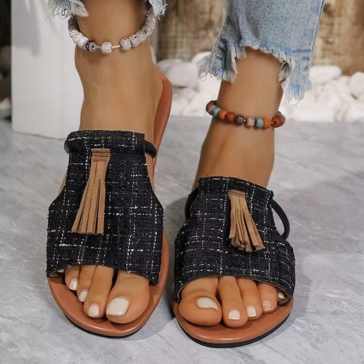 Fashion Women's Casual Beach Holiday Slippers 2025 Summer New Fashion Fringe Outdoor Flat Shoes Open Toe Sandals Zapatos De Mujer Slides