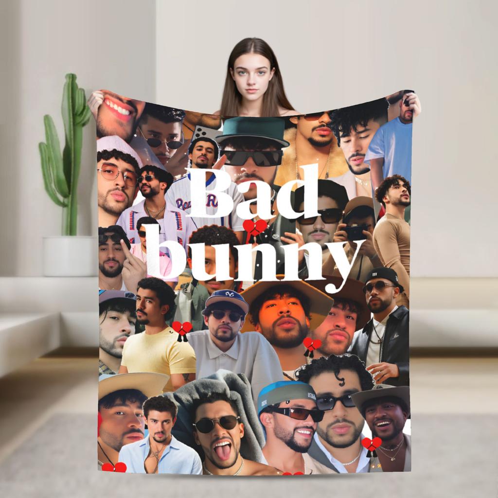 Zanger Bads Bunnys Deken Kwaliteit Warm Beddengoed Plaids Winter Picknick Buiten Grappig Sprei