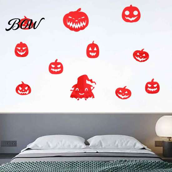 Halloween Theme Wall Stickers for Kids 11Pcs Pumpkin Mirror Stickers, Self-Adhesive Acrylic Ghost Decals, DIY Removable PVC Art Classroom Decor