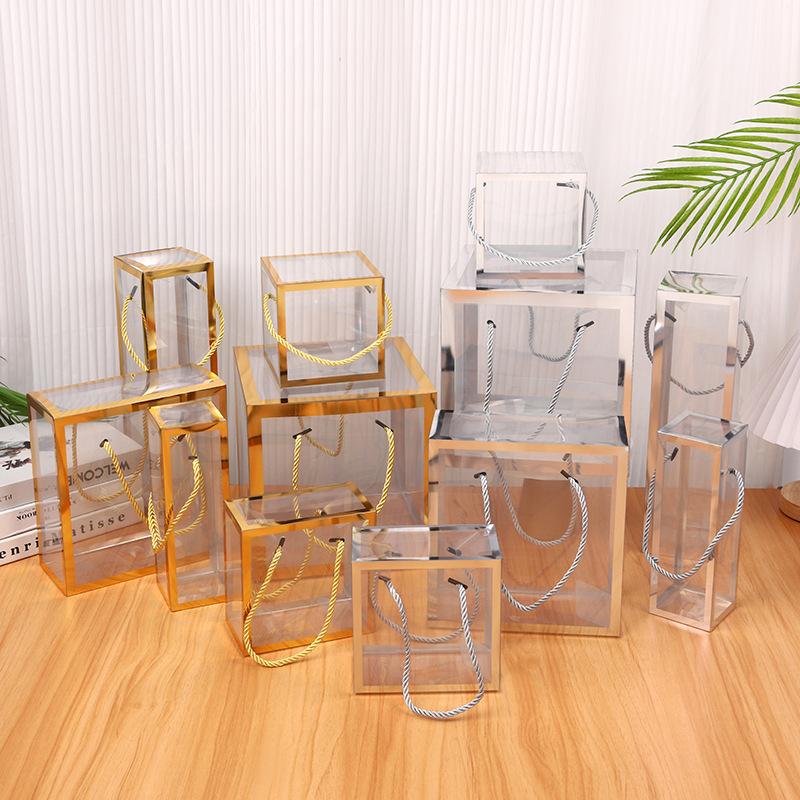 10pcs transparent PVC tote bags boxy handle gift bags with gold or silver trim for weddings birthdays party and retail display