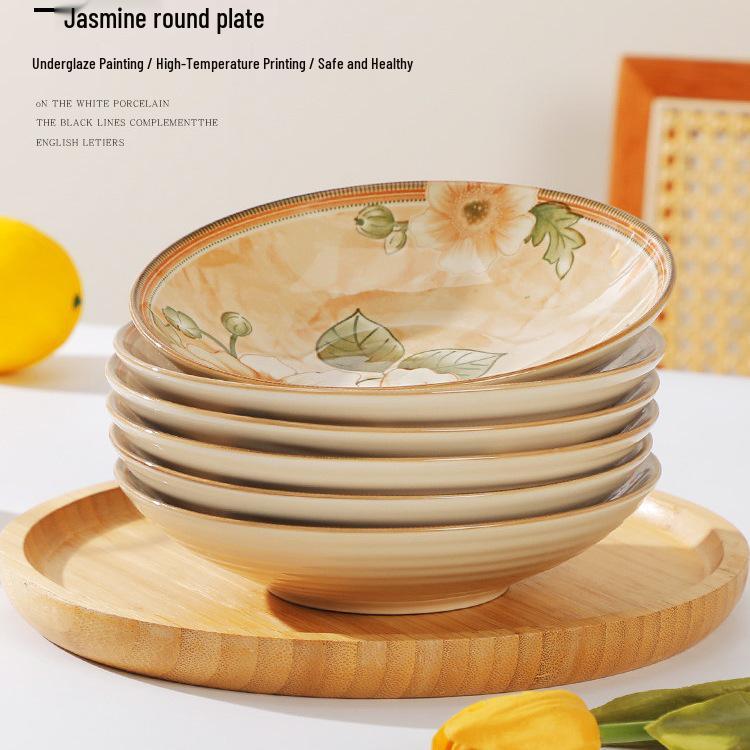 Set aus 2 kreativen tiefen Keramik-Suppentellern, rund, mit Jasminblumen-Unterglasur