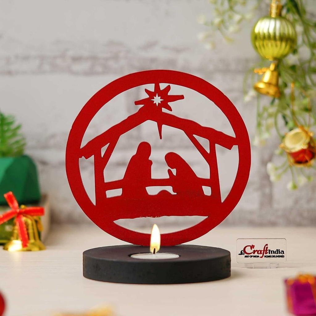 Nativity Scene Holy Family Jesus Birth Decorative Showpiece Tea Light Candle Holder(Wooden Red)Tea Light Holder|Christmas Decoration Items