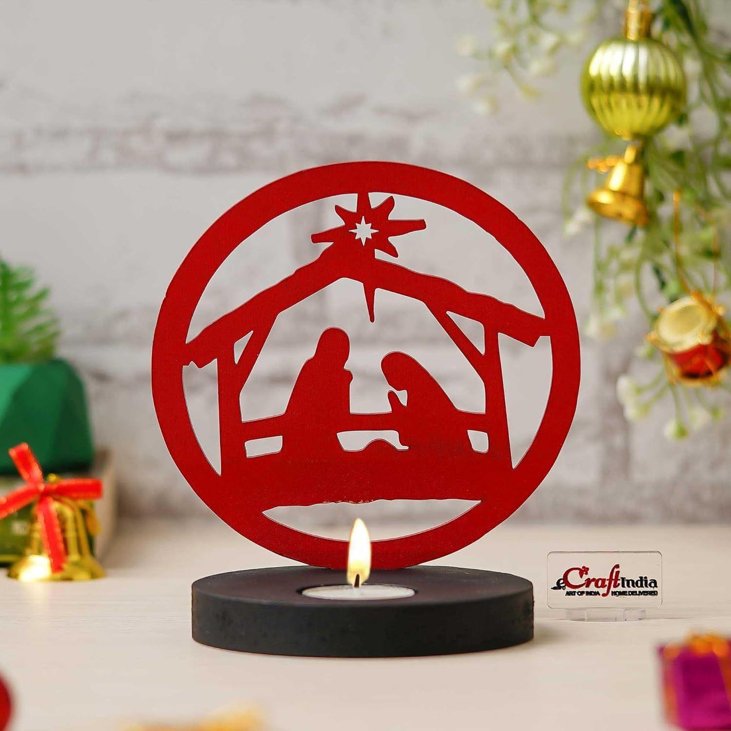 

Nativity Scene Holy Family Jesus Birth Decorative Showpiece Tea Light Candle Holder(Wooden Red)Tea Light Holder|Christmas Decoration Items