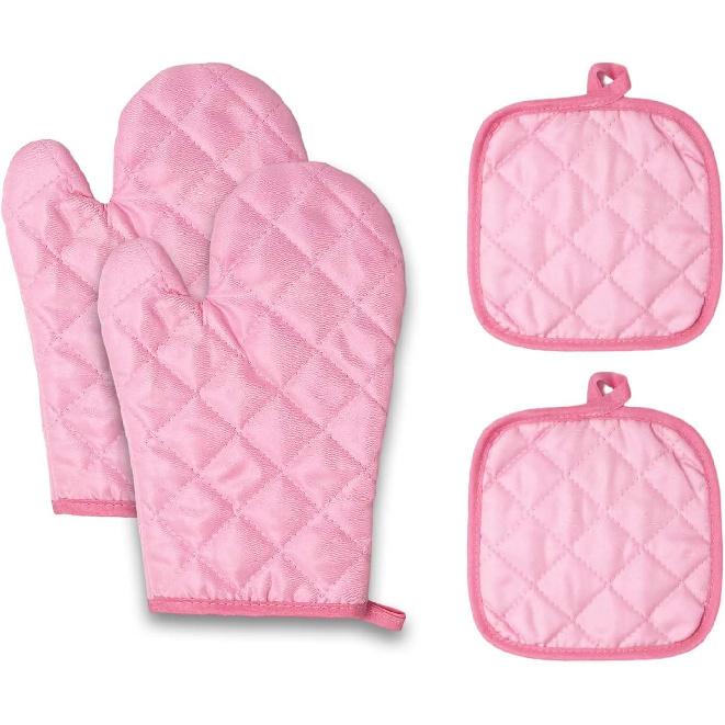 Pink Heat Resistant Oven Mitts and Potholders Set, 2 Packs of Quilted Gloves and 2 Packs of Heatproof Pads, Strong Grip for Hot Pans, Ideal for