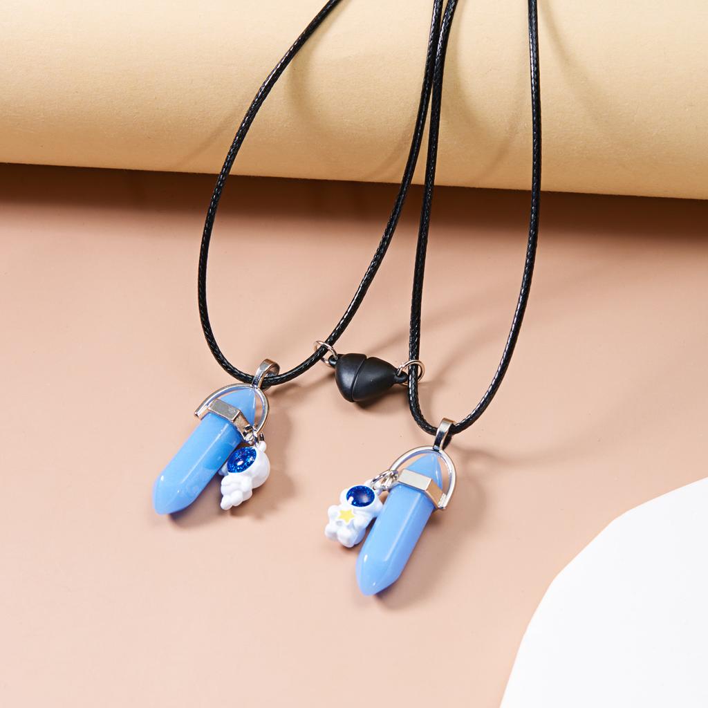 2PCS Luminous Hexagonal Column Couple Necklace for Women Men Astronaut Magnetic Heart Natural Stone Choker Lover Charm Jewelry