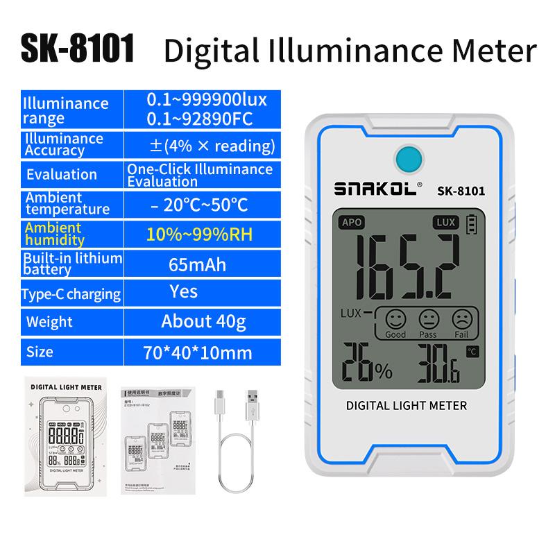 SNAKOL SK-8100/8101/8102 Mini Digital Lux Meter with Temperature and Humidity Monitoring Type-C Charging Portable Lux Meter