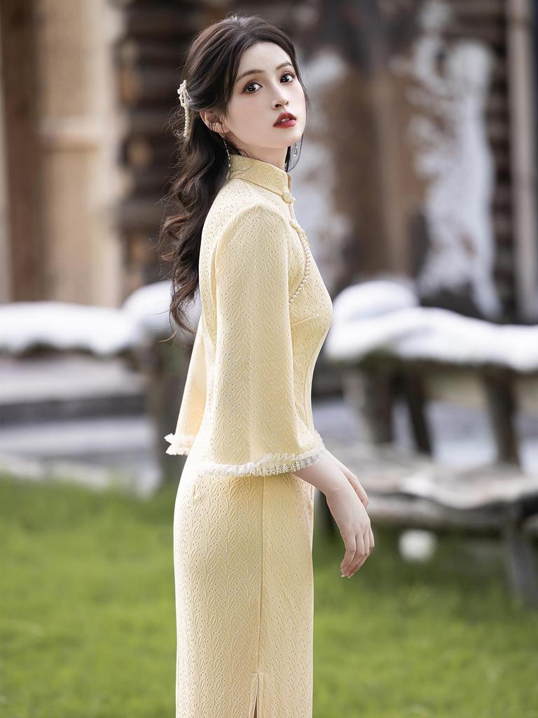 Elegant Yellow Pearwood Cheongsam - Spring/Autumn 2025 Collection, Long Sleeve, National Style