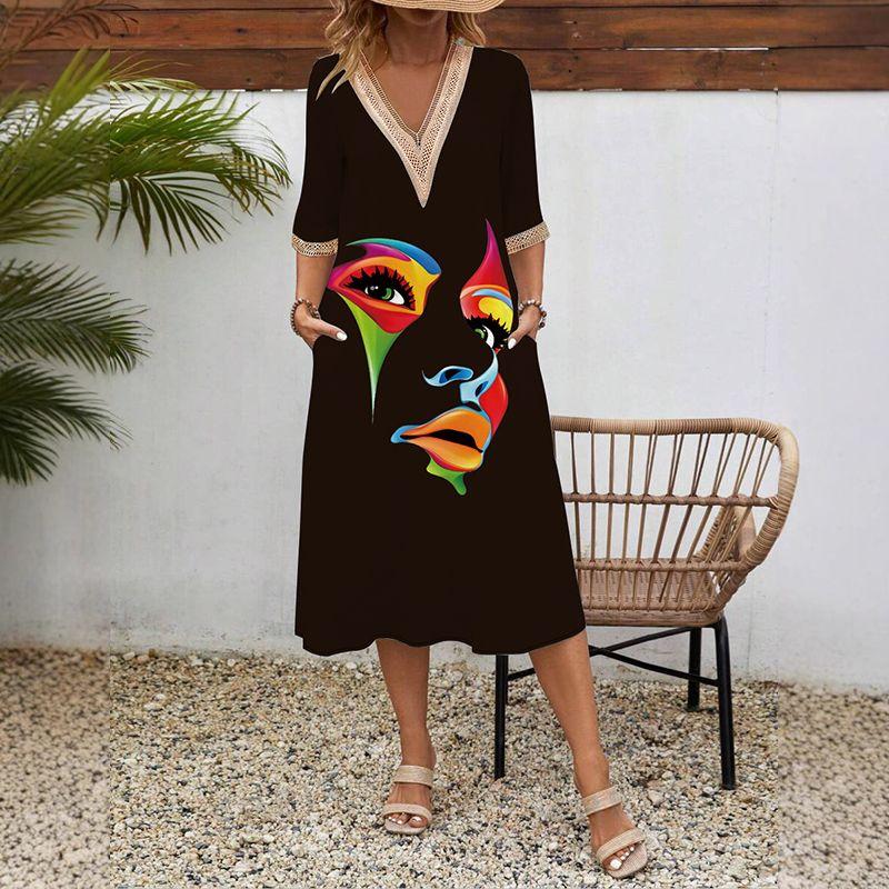 

Short sleeve Lace V-neck Loose Large Hem Midi dress 2025 Spring and Summer New Plus size women clothing 3D Print Dress 8207-19 XL(65.00 kg-70.00 kg)