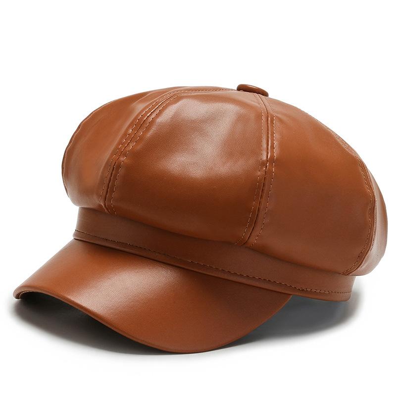 Autumn and Winter Trendy PU Leather Octagonal Hat Beret Outdoor Windproof and Warm Sun Hat Fashionable Casual Baseball Cap