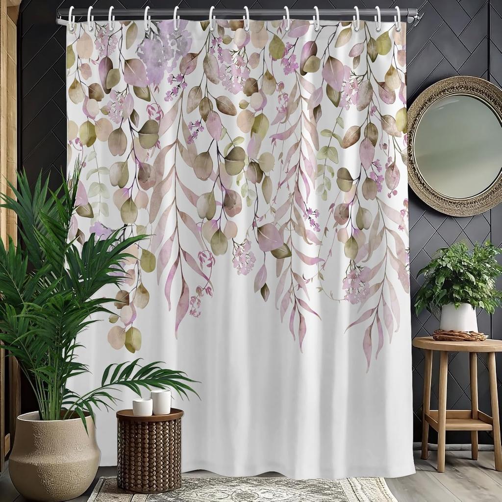 Rustic Brown Leaf Shower Curtain with Hooks, Watercolor Botanical Eucalyptus Bathroom Decor, Boho Farmhouse Waterproof Polyester