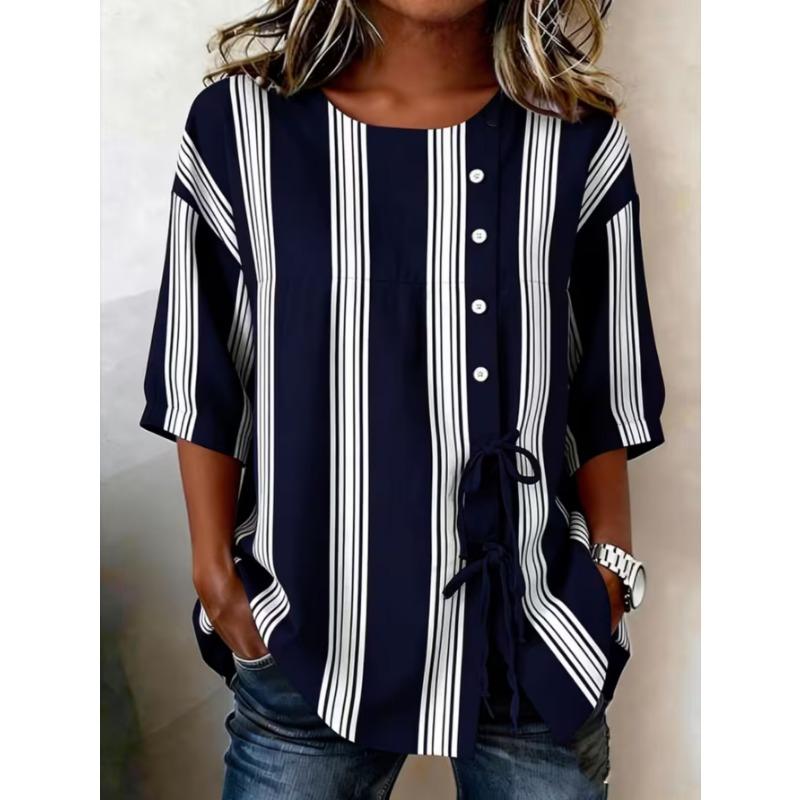 Women's printed lace-up short-sleeved blouse, fashionable and versatile, comfortable and skin-friendly, machine washable.