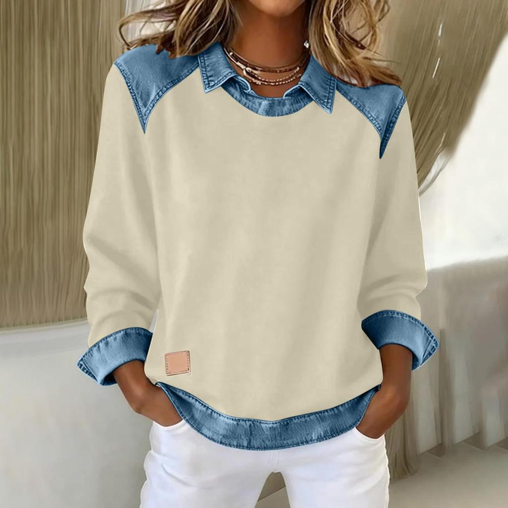 Women's Color Long Sleeve Sweatshirt with Denim Panels Casual Top