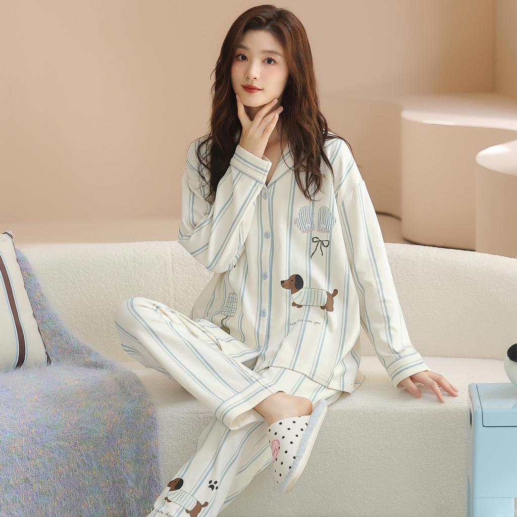 New long-sleeved trousers pure cotton couple pajamas can be worn outside cartoon loose casual men and women pajamas set cotton