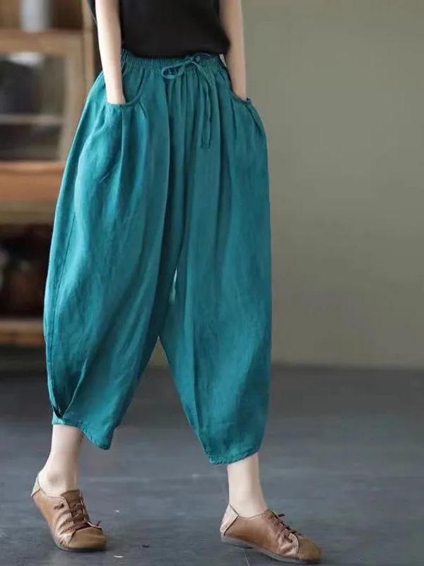 Women's Dopamine Retro Zen Style Elastic Waist Cotton Linen Cropped Harem Pants for Spring Summer