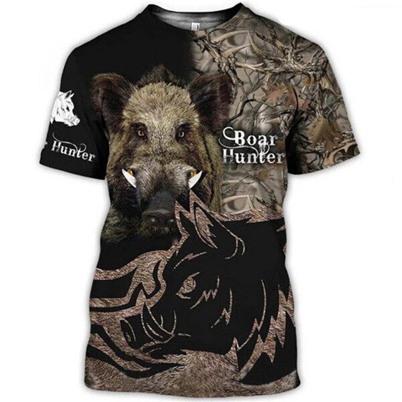 Wild Boar Hunting Themed Jungle Scenery 3D Print Short Sleeve T-Shirt Casual Outdoor Top